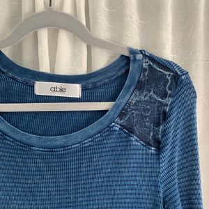 Waffle Knit Blouse with Denim Details